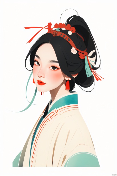  （Flat color：1.7）、Traditional Chinese Gongbi Painting Style,The visual style adopts flowing thin lines to showcase Chinese style,The screen is expressed using a flat technique。The screen adopts the style of the Song Dynasty in China, The color uses traditional Chinese colors and is treated with transparency. Screen characters Black hair、No complicated headgear。The screen apply elements related to the Song Dynasty in China.Chinese style light watercolor、White background, Picture composition focuses on the head（Enlarge facial details）, The girl's eyes are decorated with leaves,vector illustration。The overall picture is presented in artistic form and does not require realism。When presenting the screen, only the head is displayed, Zhangdaqian。Soft image details, no need for shadow processing