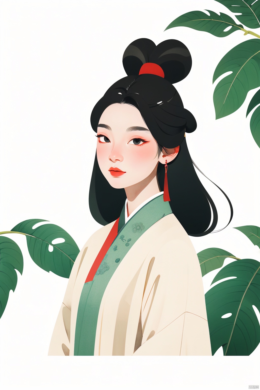  （Flat color：1.7）、Traditional Chinese Gongbi Painting Style,The visual style adopts flowing thin lines to showcase Chinese style,The screen is expressed using a flat technique。The screen adopts the style of the Song Dynasty in China, The color uses traditional Chinese colors and is treated with transparency. Screen characters Black hair、No complicated headgear。The screen apply elements related to the Song Dynasty in China.Chinese style light watercolor、White background, Picture composition focuses on the head（Enlarge facial details）, The girl's eyes are decorated with leaves,vector illustration。The overall picture is presented in artistic form and does not require realism。When presenting the screen, only the head is displayed, Zhangdaqian。Soft image details, no need for shadow processing