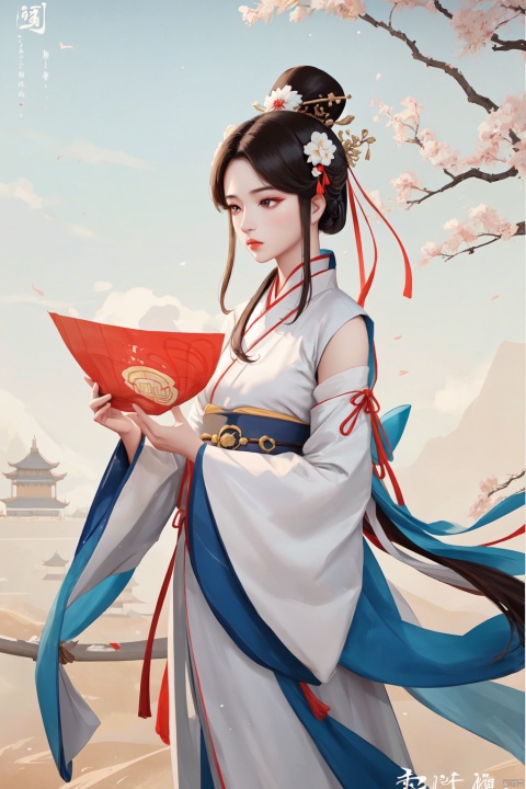  Ultra high definition, artistic sense, minimalist poster, stack of rice paper, girl, ancient white space, flat, smwuxia Chinese text blood weapon:sw, jijianchahua, yue , hair ornament , hanfu, guoflinke