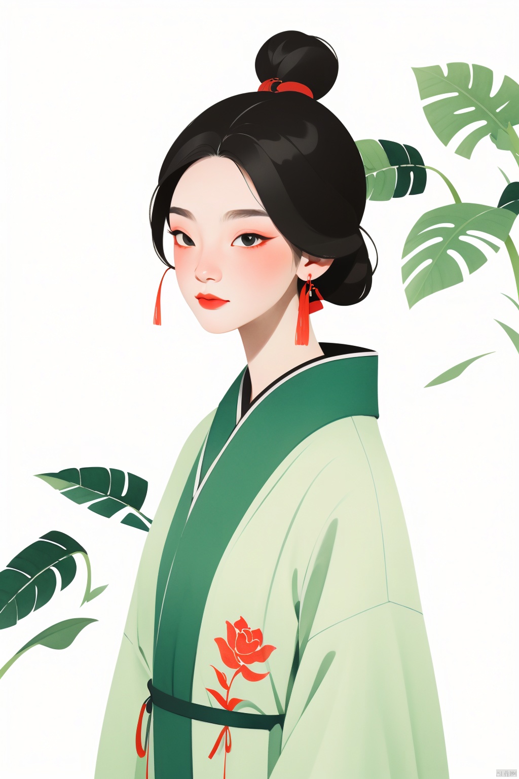  （Flat color：1.7）、Traditional Chinese Gongbi Painting Style,The visual style adopts flowing thin lines to showcase Chinese style,The screen is expressed using a flat technique。The screen adopts the style of the Song Dynasty in China, The color uses traditional Chinese colors and is treated with transparency. Screen characters Black hair、No complicated headgear。The screen apply elements related to the Song Dynasty in China.Chinese style light watercolor、White background, Picture composition focuses on the head（Enlarge facial details）, The girl's eyes are decorated with leaves,vector illustration。The overall picture is presented in artistic form and does not require realism。When presenting the screen, only the head is displayed, Zhangdaqian。Soft image details, no need for shadow processing