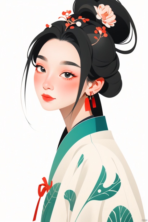  （Flat color：1.7）、Traditional Chinese Gongbi Painting Style,The visual style adopts flowing thin lines to showcase Chinese style,The screen is expressed using a flat technique。The screen adopts the style of the Song Dynasty in China, The color uses traditional Chinese colors and is treated with transparency. Screen characters Black hair、No complicated headgear。The screen apply elements related to the Song Dynasty in China.Chinese style light watercolor、White background, Picture composition focuses on the head（Enlarge facial details）, The girl's eyes are decorated with leaves,vector illustration。The overall picture is presented in artistic form and does not require realism。When presenting the screen, only the head is displayed, Zhangdaqian。Soft image details, no need for shadow processing