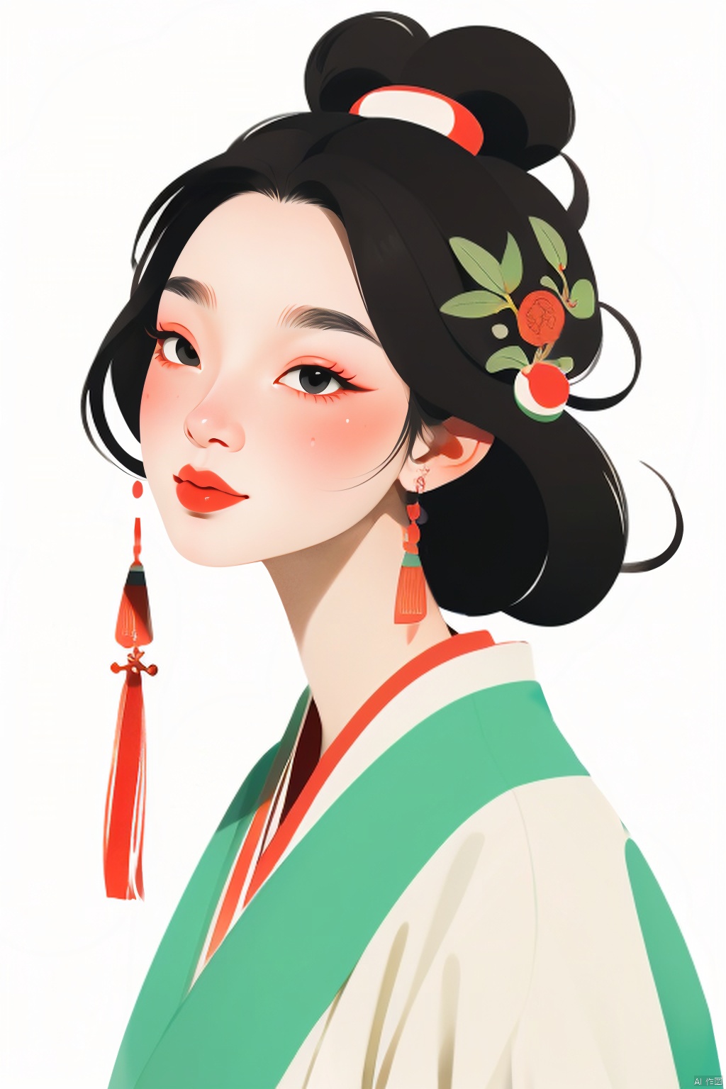  （Flat color：1.7）、Traditional Chinese Gongbi Painting Style,The visual style adopts flowing thin lines to showcase Chinese style,The screen is expressed using a flat technique。The screen adopts the style of the Song Dynasty in China, The color uses traditional Chinese colors and is treated with transparency. Screen characters Black hair、No complicated headgear。The screen apply elements related to the Song Dynasty in China.Chinese style light watercolor、White background, Picture composition focuses on the head（Enlarge facial details）, The girl's eyes are decorated with leaves,vector illustration。The overall picture is presented in artistic form and does not require realism。When presenting the screen, only the head is displayed, Zhangdaqian。Soft image details, no need for shadow processing