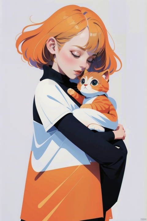  (masterpiece:1.2),best quality,highers,extremely detailed CG,perfect lighting,8k wallpaper,Minimalist pure white background,A three-year-old girl blinked her head, a very fat one little orange cat,