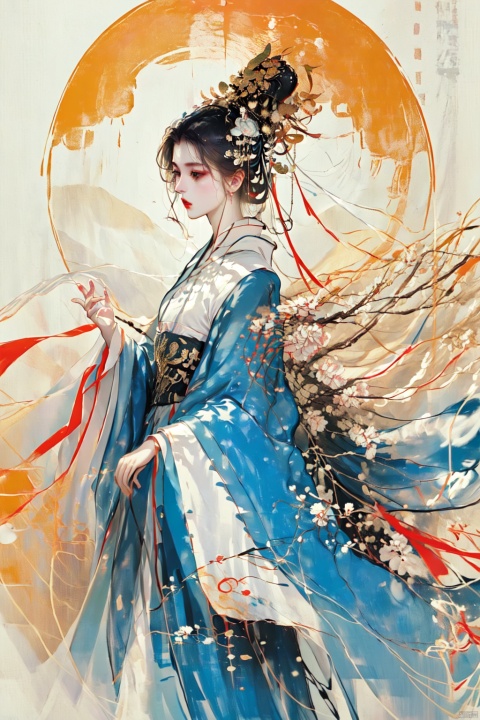  Ultra high definition, artistic sense, minimalist poster, stack of rice paper, girl, ancient white space, flat, smwuxia Chinese text blood weapon:sw, jijianchahua, yue , hair ornament , hanfu, guoflinke