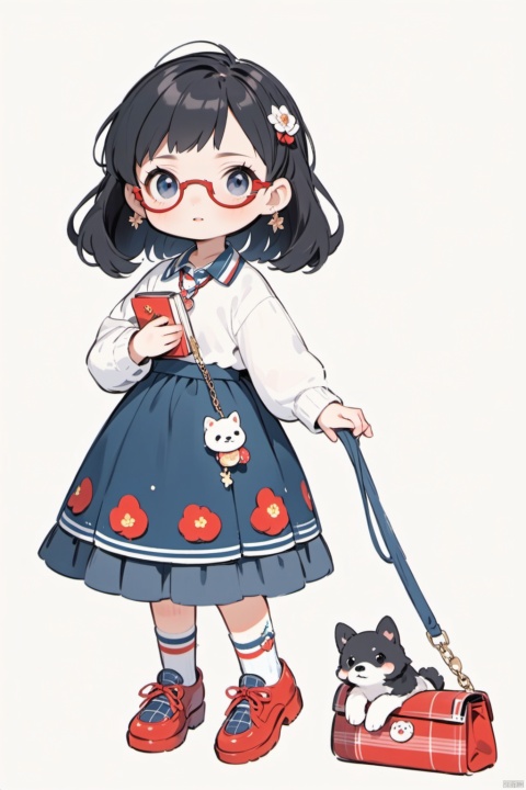  1girl, solo, looking at viewer, blush, short hair, bangs, skirt, simple background, shirt, black hair, long sleeves, white background, holding, jewelry, standing, full body, earrings, shoes, glasses, socks, striped, collared shirt, necklace, bag, black eyes, sweater, book, plaid, red footwear, dog, leash,roundeyewear,古风少女书签, Children's Illustration Style