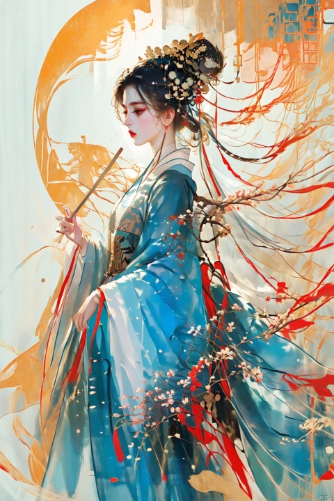  Ultra high definition, artistic sense, minimalist poster, stack of rice paper, girl, ancient white space, flat, smwuxia Chinese text blood weapon:sw, jijianchahua, yue , hair ornament , hanfu, guoflinke