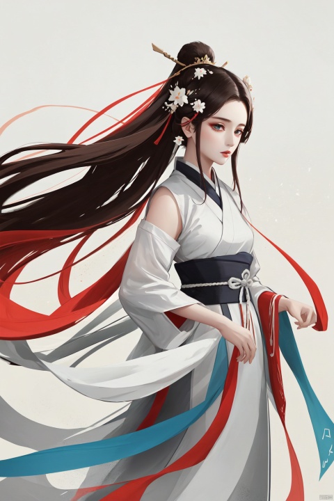  Ultra high definition, artistic sense, minimalist poster, stack of rice paper, girl, ancient white space, flat, smwuxia Chinese text blood weapon:sw, jijianchahua, yue , hair ornament , hanfu