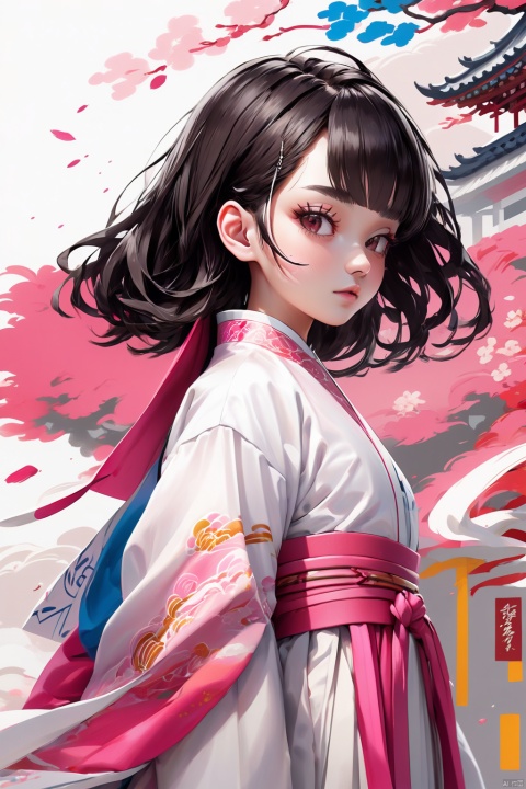 Pure white background, graffiti illustration, line illustration, close-up of the upper body of a modern girl, exquisite three-dimensional facial features, tilt-shift photography, minimalist composition, pure white background, color block splicing, super simplicity, Miyazaki Hayao, bright pink color, wmchahua, (\ji jian\), HanFu