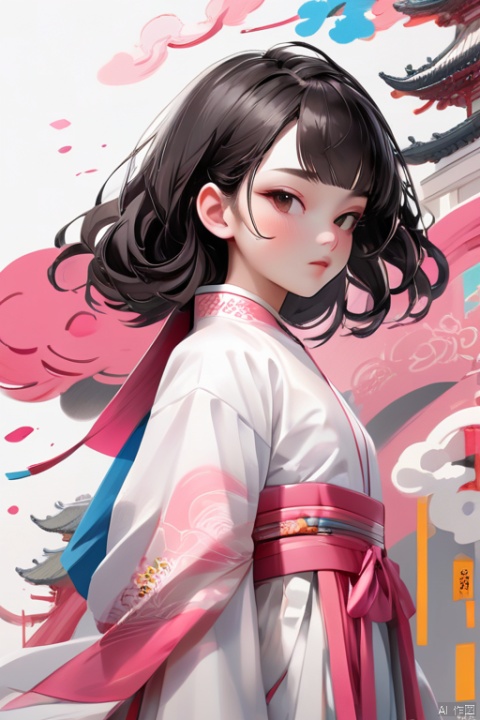  Pure white background, graffiti illustration, line illustration, close-up of the upper body of a modern girl, exquisite three-dimensional facial features, tilt-shift photography, minimalist composition, pure white background, color block splicing, super simplicity, Miyazaki Hayao, bright pink color, wmchahua, (\ji jian\), HanFu