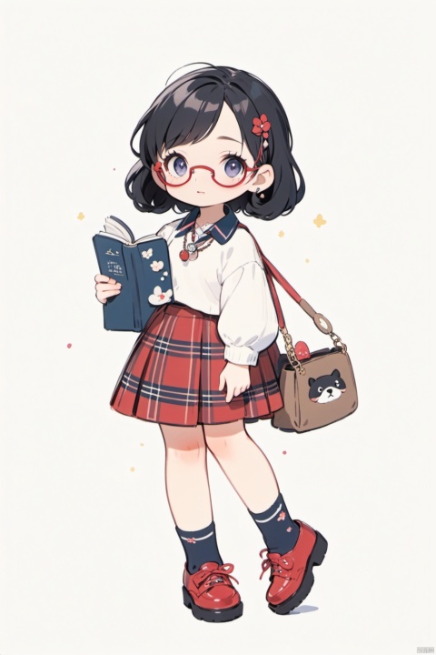  1girl, solo, looking at viewer, blush, short hair, bangs, skirt, simple background, shirt, black hair, long sleeves, white background, holding, jewelry, standing, full body, earrings, shoes, glasses, socks, striped, collared shirt, necklace, bag, black eyes, sweater, book, plaid, red footwear, dog, leash, roundeyewear,古风少女书签, Children's Illustration Style