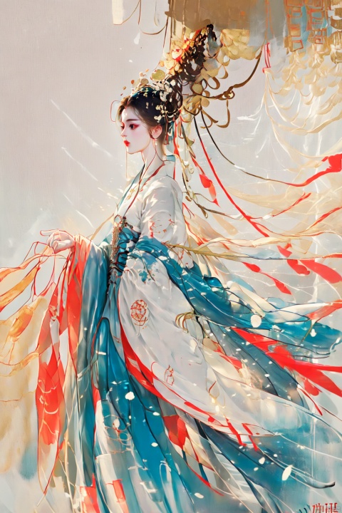  Ultra high definition, artistic sense, minimalist poster, stack of rice paper, girl, ancient white space, flat, smwuxia Chinese text blood weapon:sw, jijianchahua, yue , hair ornament , hanfu, guoflinke