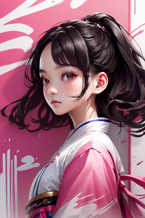  Pure white background, graffiti illustration, line illustration, close-up of the upper body of a modern girl, exquisite three-dimensional facial features, tilt-shift photography, minimalist composition, pure white background, color block splicing, super simplicity, Miyazaki Hayao, bright pink color, wmchahua, (\ji jian\), HanFu