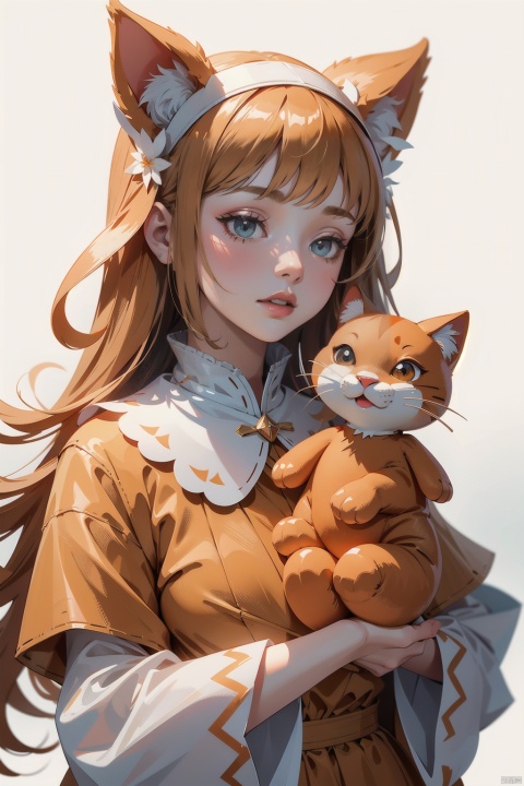  (masterpiece:1.2),best quality,highers,extremely detailed CG,perfect lighting,8k wallpaper,Minimalist pure white background,A three-year-old girl blinked her head, a very fat one little orange cat, Paper carving art