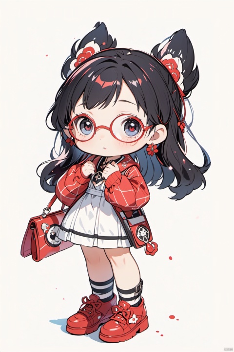  1girl, solo, looking at viewer, blush, short hair, bangs, skirt, simple background, shirt, black hair, long sleeves, white background, holding, jewelry, standing, full body, earrings, shoes, glasses, socks, striped, collared shirt, necklace, bag, black eyes, sweater, book, plaid, red footwear, dog,leash,roundeyewear,古风少女书签, Children's Illustration Style