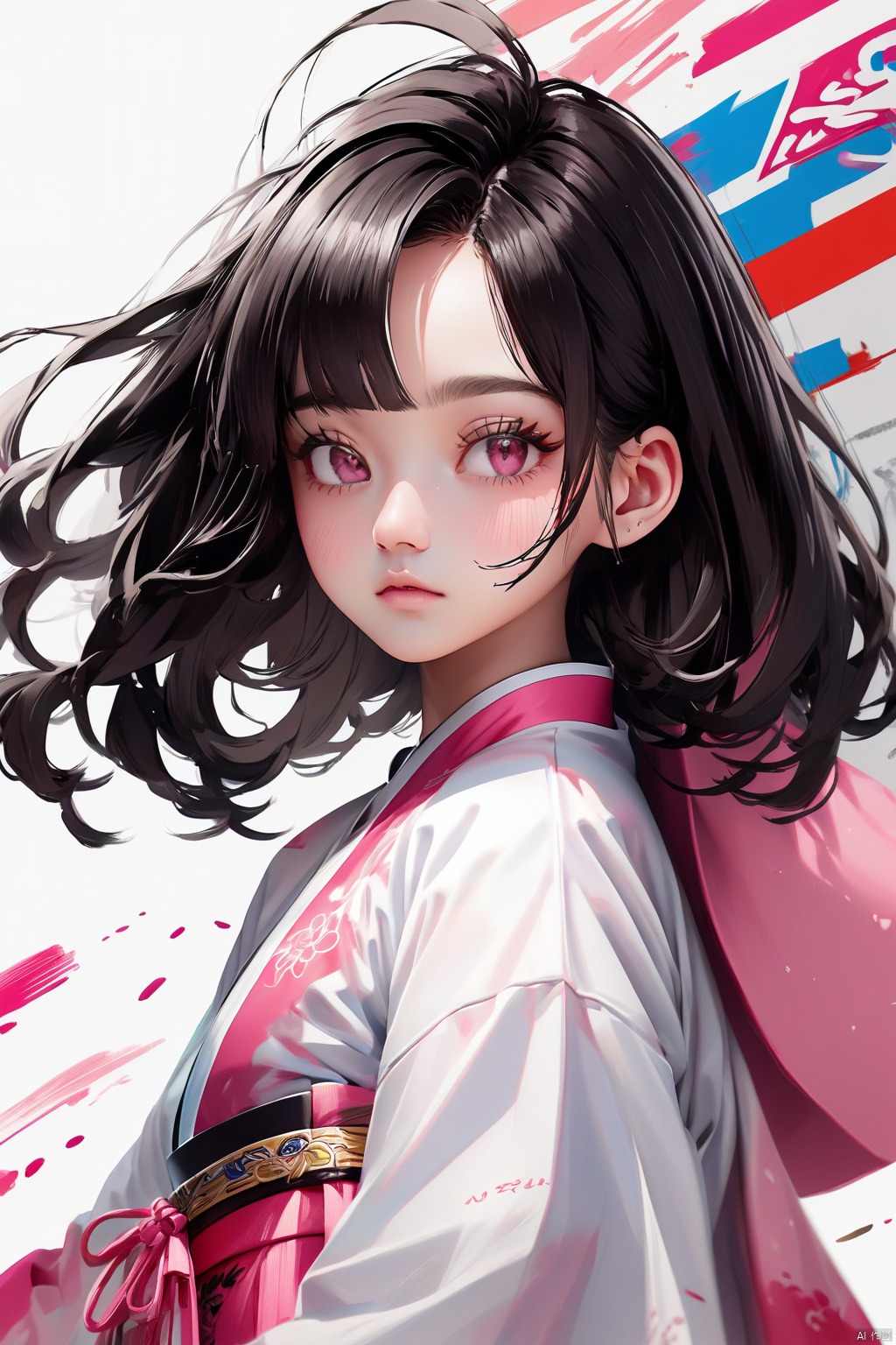  Pure white background, graffiti illustration, line illustration, close-up of the upper body of a modern girl, exquisite three-dimensional facial features, tilt-shift photography, minimalist composition, pure white background, color block splicing, super simplicity, Miyazaki Hayao, bright pink color, wmchahua, (\ji jian\), HanFu