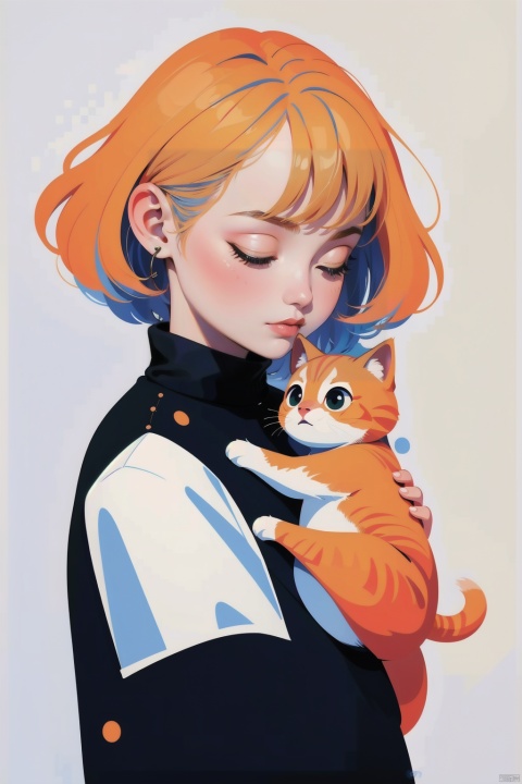  (masterpiece:1.2),best quality,highers,extremely detailed CG,perfect lighting,8k wallpaper,Minimalist pure white background,A three-year-old girl blinked her head, a very fat one little orange cat,