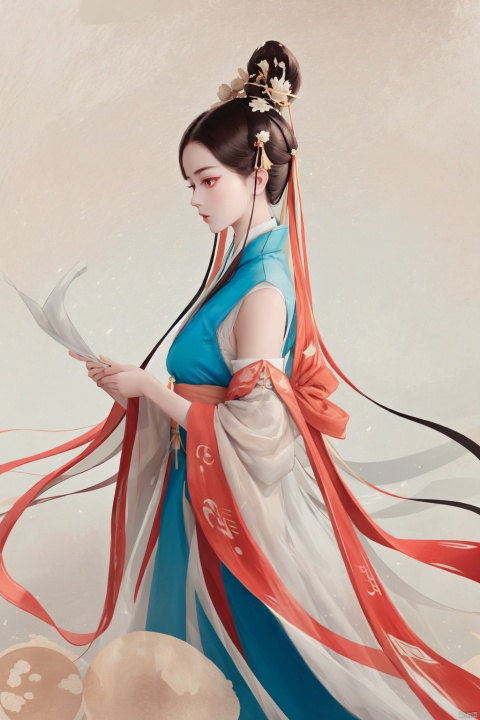  Ultra high definition, artistic sense, minimalist poster, stack of rice paper, girl, artistic conception, quaint, ancient white space, flat, smwuxia Chinese text blood weapon:sw, jijianchahua, yue , hair ornament , hanfu