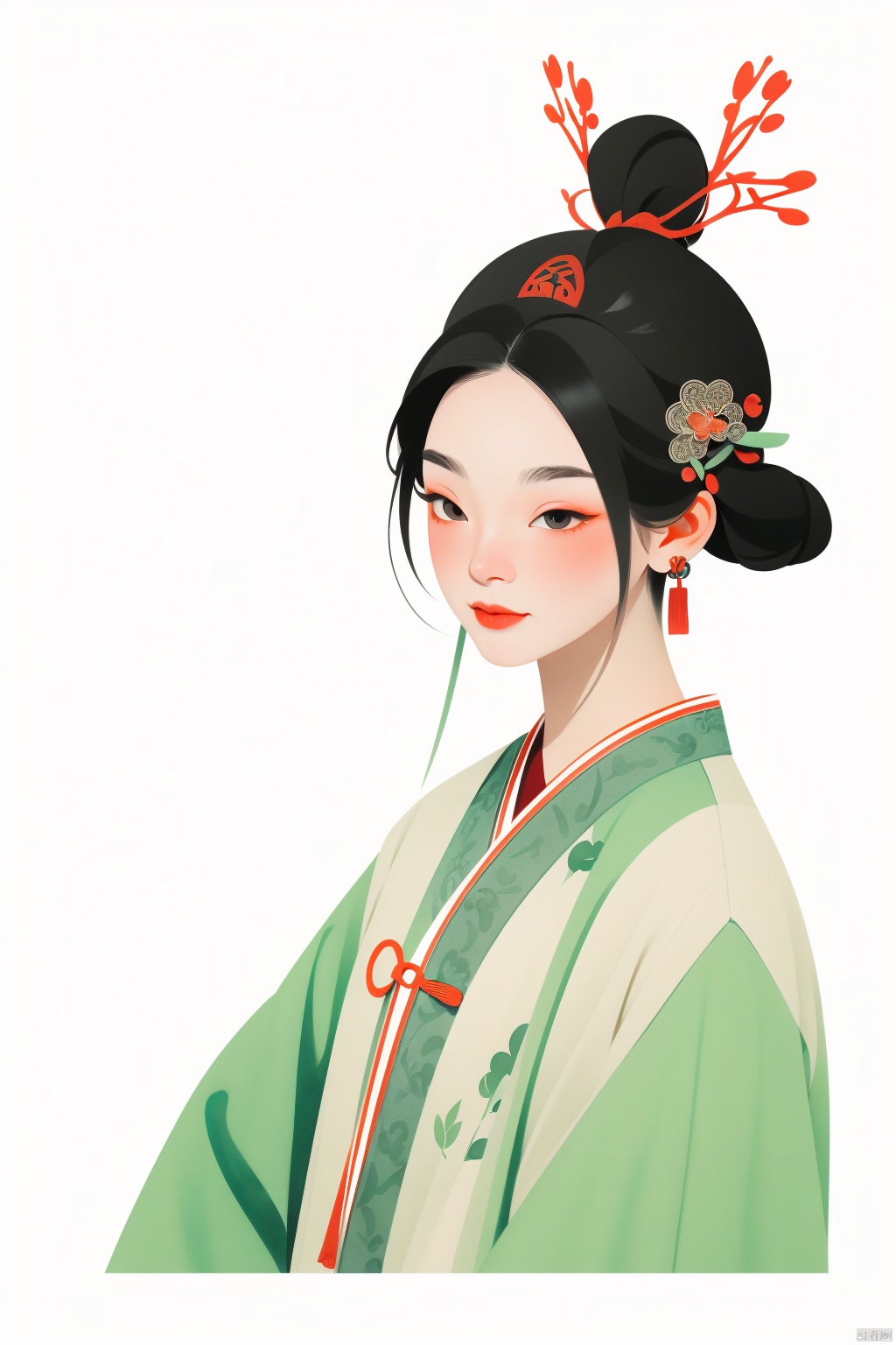  （Flat color：1.7）、Traditional Chinese Gongbi Painting Style,The visual style adopts flowing thin lines to showcase Chinese style,The screen is expressed using a flat technique。The screen adopts the style of the Song Dynasty in China, The color uses traditional Chinese colors and is treated with transparency. Screen characters Black hair、No complicated headgear。The screen apply elements related to the Song Dynasty in China.Chinese style light watercolor、White background, Picture composition focuses on the head（Enlarge facial details）, The girl's eyes are decorated with leaves,vector illustration。The overall picture is presented in artistic form and does not require realism。When presenting the screen, only the head is displayed, Zhangdaqian。Soft image details, no need for shadow processing