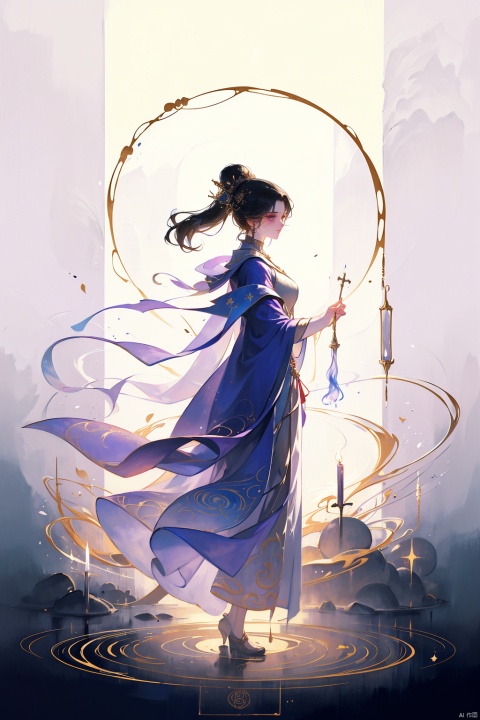  1 girl, sorceress apprentice, casting a powerful spell, wand in hand, glowing runes encircling her, cape fluttering in the magical breeze, standing in a mystic circle, surrounded by swirling potions and bubbling cauldrons, ancient tomes open nearby, eyes focused and determined, hint of mischief in her smile, purple aura shimmering around her, magical energy crackling in the air, mysterious symbols carved into the stone floor, dimly lit chamber with candles flickering, creating a dramatic and enchanting atmosphere.

