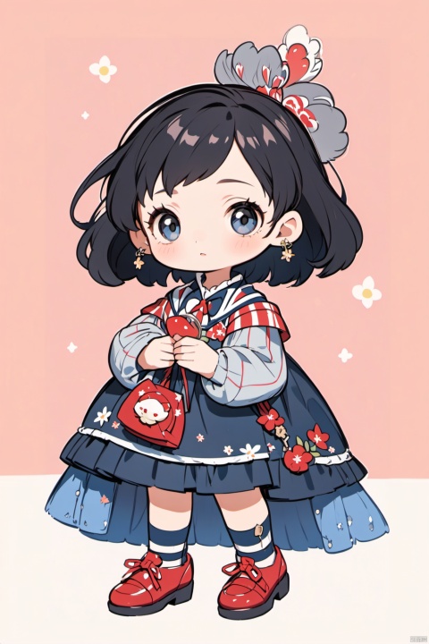  1girl, solo, looking at viewer, blush, short hair, bangs, skirt, simple background, shirt, black hair, long sleeves, holding, jewelry, standing, full body, earrings, shoes, glasses, socks, striped, collared shirt, necklace, bag, black eyes, sweater, book, plaid, red footwear, dog, leash,roundeyewear,古风少女书签, Children's Illustration Style