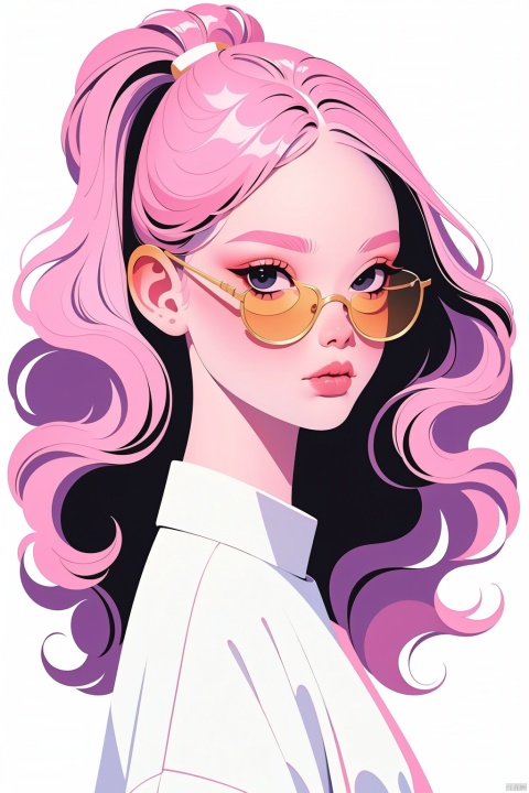 (masterpiece:1.2),best quality,highers,extremely detailed CG,perfect lighting,8k wallpaper,Minimalist pure white background, a girl with a pout, unique hair, exaggerated bow hair accessories, and colorful sunglasses,, pink fantasy