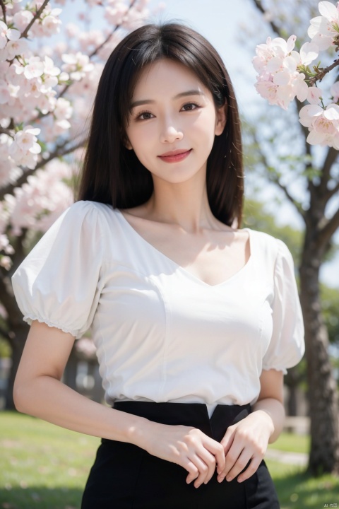  A girl, under the blooming cherry blossom forest, looking at the audience, with black hair, smiling expression, wearing a purple dress, light gauze, long skirt, holding a bag, sexy, realistic, best quality, best ratio, 8k - HD, high-resolution, zhangA,