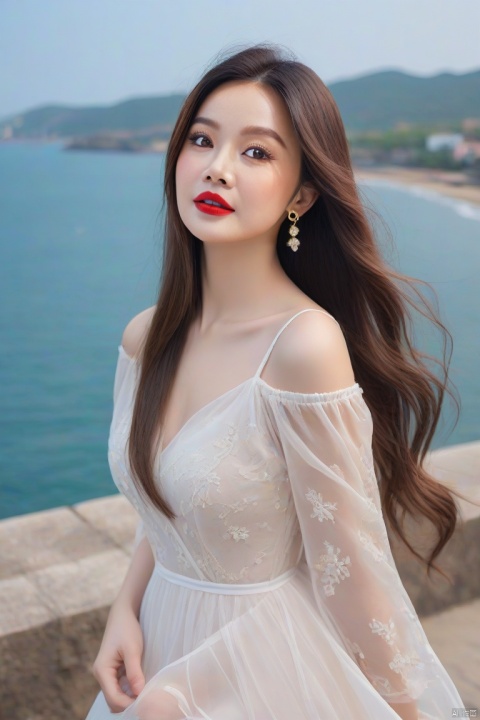 Urban beauty college students, representative, light makeup, flowing long hair, coast background, pure beauty, elegant. Ultra fine detail, master's work, true texture, perfect work, 8k, HD, delicate features, wearing a flowing long dress, slim figure, curvy, big bright eyes, smooth skin,