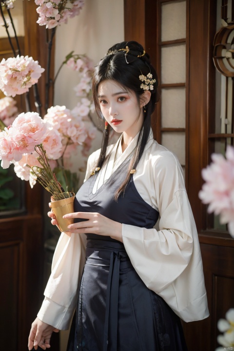  ming_hanfu,1girl,(spring,flowers:1.2),looking_at_viewer,,(big breasts:1.29), hanfu