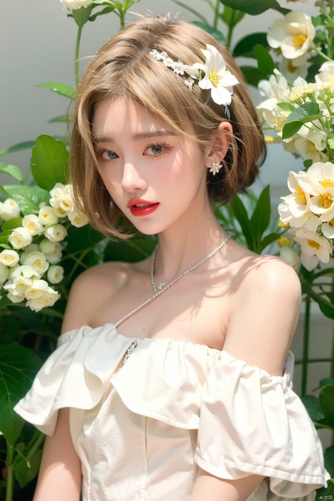  1girl, solo, looking at viewer, short hair, blue eyes, blonde hair, hair ornament, dress, bare shoulders, jewelry, closed mouth, upper body, flower, earrings, hair flower, necklace, off shoulder, white dress, lips, white flower, gem, red lips, jujingyi