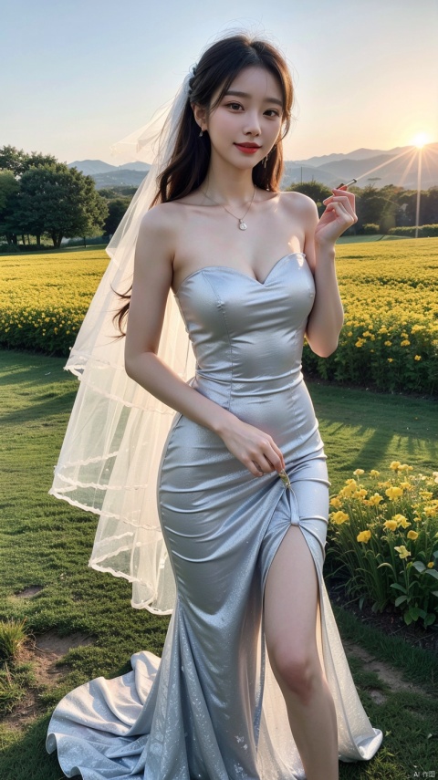 22 years Beautiful korean Girl, masterpiece, best quality, official art, extremely detailed CG unity 8k wallpaper, Ray Tracing, highly detailed, absurdres, Panorama, Depth of field, telephoto lens, angel, looking afar, looking to camera man, in spring, sunset, rainbow, (((flower field))), (((flower sea))), Tyndall effect, 100% Realistic, ((Realistic)), (paper figure),((impasto)),(shiny skin), (water color),bloom effect,detailed beautiful grassland with petal,flower,butterfly,necklace,smile,petal, ((Simple Sparkling A-Line Wedding Party Dresses Sweetheart Tulle Mini Homecoming Gown Party Dress)), ((Dress Women Chic Floral Print Sleeveless Slim Korean Fashion Dress)), ((Hylee Floral Coquette Dress - XS)), Perfect body figure, Beautiful Smile, Cinematic photography, Sexy angles, Stylish poses, 4 Different poses, 64k , high resolution picture quality, very clear body figure, Flowers in hand, Flowers on Hair, Full body shot 