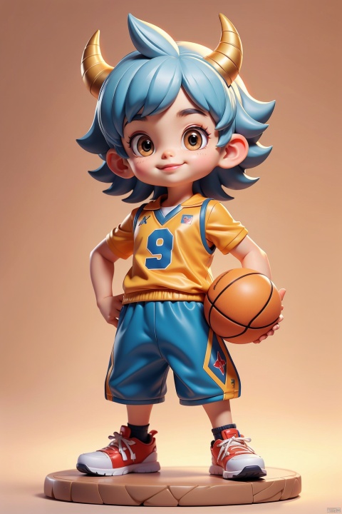  1 little boy, 3 years old, Animal IP, solo, (Q version :0.9), determined expression, horns, blush, basketball uniform, athlete figure, simple background, silver hair, American buzz cut, hands on hips
