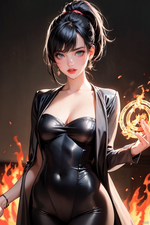  SGZ2, solo, 1girl,1girls,male focus,cowgirl,black bodysuit,long hair, blue eyes, ponytail,bangs，looking to viewer,(High quality, High resolution, Fine details), Realistic, Dark background, (fire magic circle:1.4), solo, sparkling eyes, (Detailed eyes:1.2), Sweat, Oily skin, Full-body portrait, shallow depth of field, Dramatic Shadows
