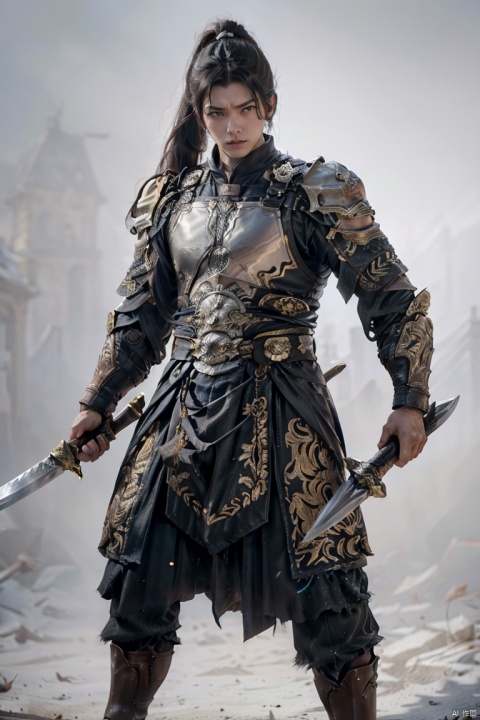  high definition, (High quality, High resolution, Fine details), Realistic,1boy，solo focus,white armor,long hair, blue eyes, ponytail,bangs, long legs,looking at viewer,serious face,anger,High, black hair, holding, weapon, sword, holding weapon, holding sword, fighting stance, close mouth， simple background,sparkling eyes, (Detailed eyes:1.2), Oily skin, Dramatic Shadows, HARMOUR, SGZ2,