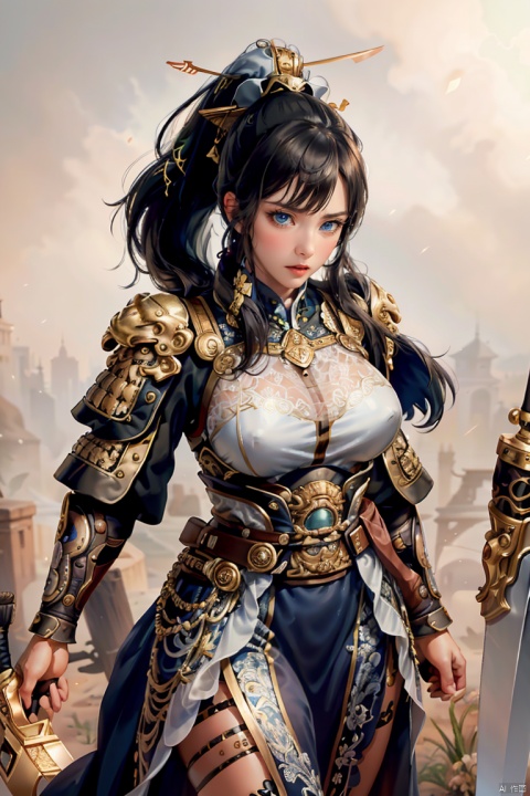  high definition, (High quality, High resolution, Fine details), Realistic, solo, 1girl,male focus,white armor,long hair, blue eyes, ponytail,bangs, long legs,looking at viewer,serious face,anger,High quality, , black hair, holding, weapon, sword, bun, holding weapon, holding sword, , fighting stance, close mouth(High quality, High resolution, Fine details), Realistic, simple background,solo, curvy women, sparkling eyes, (Detailed eyes:1.2), Oily skin, Dramatic Shadows, pajama,HARMOUR, SGZ2, BY MOONCRYPTOWOW,HALO