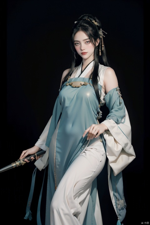  high definition,color trace, (High quality, High resolution, High quality, Fine details), Realistic, solo, 1girl,curvy women,black armor,long hair, black hair,blue eyes, twintails,long legs,happy face,smile,fighting stance, close mouth，dark background,curvy women, sparkling eyes, (Detailed eyes:1.2), Oily skin, Dramatic Shadows, SGZ2,bikini，chinese hanfu