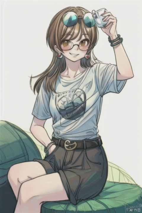 1girl, long hair, blush, smile, short hair, bangs, simple background, brown hair, shirt, 1boy, white background, holding, brown eyes, jewelry, sitting, white shirt, short sleeves, hetero, heart, earrings, shorts, belt, pants, looking at another, bracelet, cup, parted bangs, sunglasses, couple, t-shirt, holding cup, eyewear on head, hand in pocket, drinking straw, drinking, disposable cup
