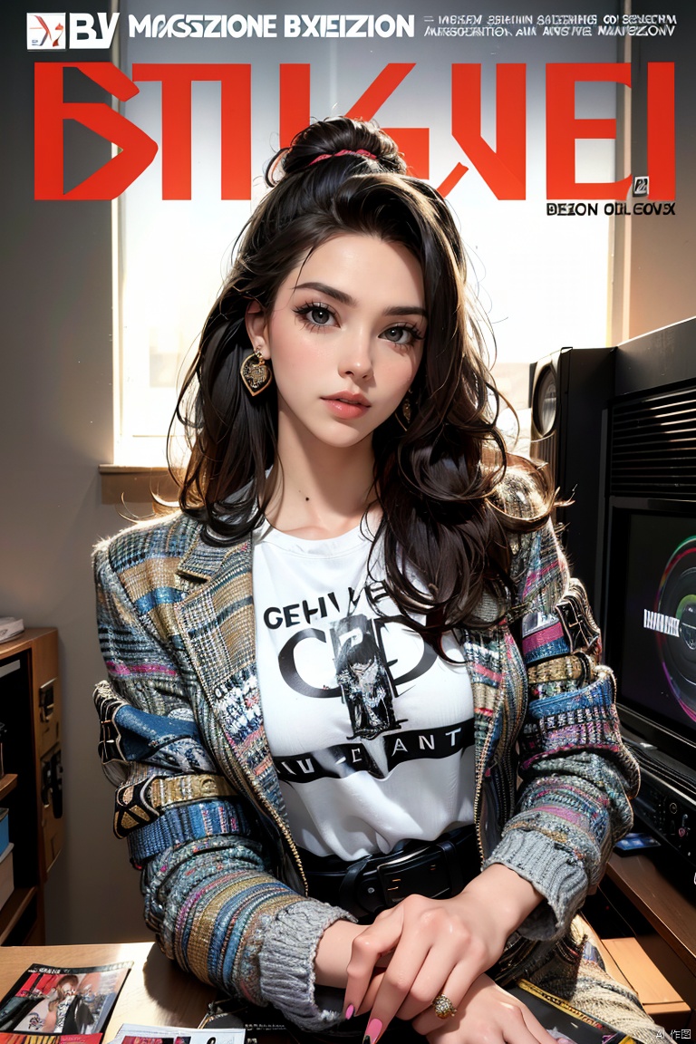  80sDBA style, fashion, (magazine: 1.3), (cover style: 1.3),Best quality, masterpiece, high-resolution, 4K, 1 girl, smile, exquisite makeup,shirt,jean,jacket , lace, tv,boombox
,, , ,long_hair , yunv, dlrb