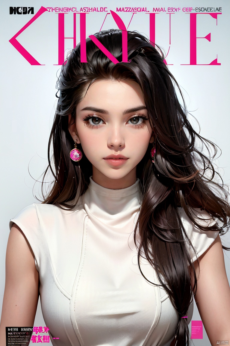  80sDBA style, fashion, (magazine: 1.3), (cover style: 1.3),Best quality, masterpiece, high-resolution, 4K, 1 girl, smile, exquisite makeup,white shirt,tv,boombox ,long_hair 