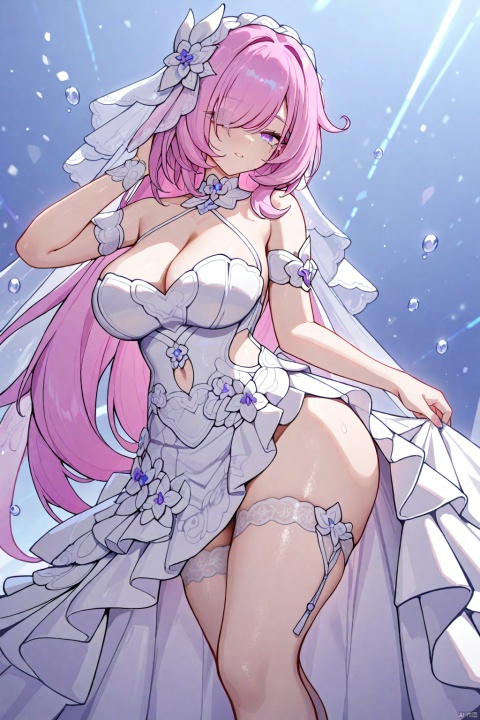  (best quality),(masterpiece),1girl, best_quality, extremely detailed details, Elysia (Honkai_Impact 3rd), pink_hair, wedding_dress, PVC, white_Garter_stocking,Bangs half covering the right eye,( plump legs:0.8),(big breasts:0.9),Hair half covering the right eye, blue and pink and purple pupil, white iris