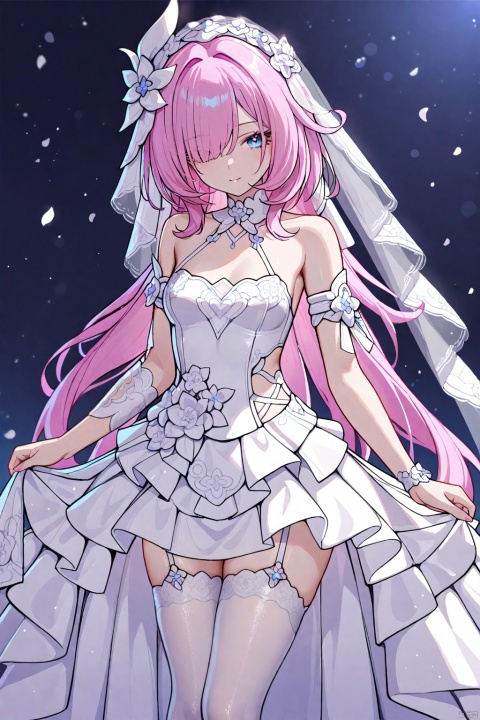  (best quality),(masterpiece),1girl, best_quality, extremely detailed details, Elysia (Honkai_Impact 3rd), pink_hair, wedding_dress, PVC, white_Garter_stocking,Bangs half covering the right eye
