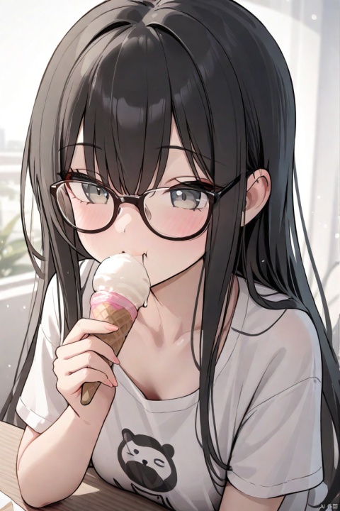 , (best quality),(masterpiece),1girl, best_quality, extremely detailed details, black hair, glasses, eating icecream, 