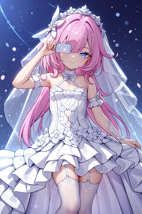  (best quality),(masterpiece),1girl, best_quality, extremely detailed details, Elysia (Honkai_Impact 3rd), pink_hair, wedding_dress, PVC, white_Garter_stocking,Bangs half covering the right eye, loli, young girl