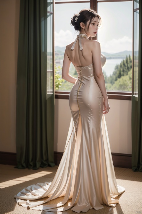  An elegant woman standing at the window, pulling the tulle curtain, the sun shines through the curtain on the woman's body, soft light, art photo, tall women, wide shoulders and narrow waist, perfect waist-to-hip ratio, pear-shaped figure, long legs and big breasts, realistic beauty, bodybuilding, hair with a hairpin, backless cheongsam, a cheongsam with a slit to the leg root, exposing legs, bare feet, Confident woman, socialite evening dress, halter evening dress, arms around, one hand behind one hand on the chest, real beauty, add muscle, add detail, art, body art, body portrait, high sense, back kill, ass,