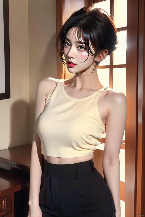  1girl,arms_behind_back,bare_shoulders,black_hair,cowboy_shot,indoors,lips,lipstick,makeup,realistic,red_lips,short_hair,sleeveless,solo,standing,legseams,exposedvagina,流光