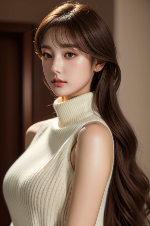 masterpiece, high quality, 8k uhd, realistic, perfect face, beautiful face, sweater, turtleneck, sleeveless, bare shoulder, gorgeous, gorgeous female, beautiful, perfect round breasts, charming, perfect female body, fancy lighting, perfect skin, soft skin
, ((poakl))