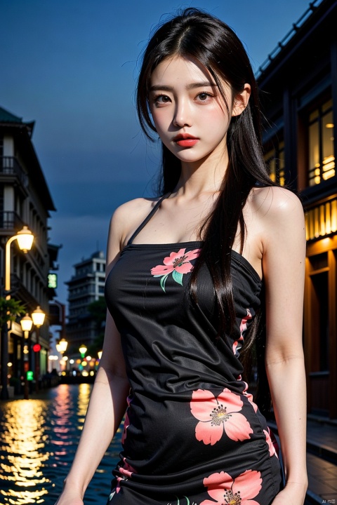 realistic, photorealistic, masterpiece, best quality, dark shot, (photo of portrait:1.2), cowbody shot,1girl, solo, smile, looking at viewer, long black hair, ([:see-through:4]:1.2) (colorful:1.2) cns_dress, (floral print:1.2), standing by a river, dynamic pose, (shanghai:1.2), water, colorful cloud, incredible beautiful sky, netural lighting, dynamic Angle, neon, moon, bokeh, Chiaroscuro, 