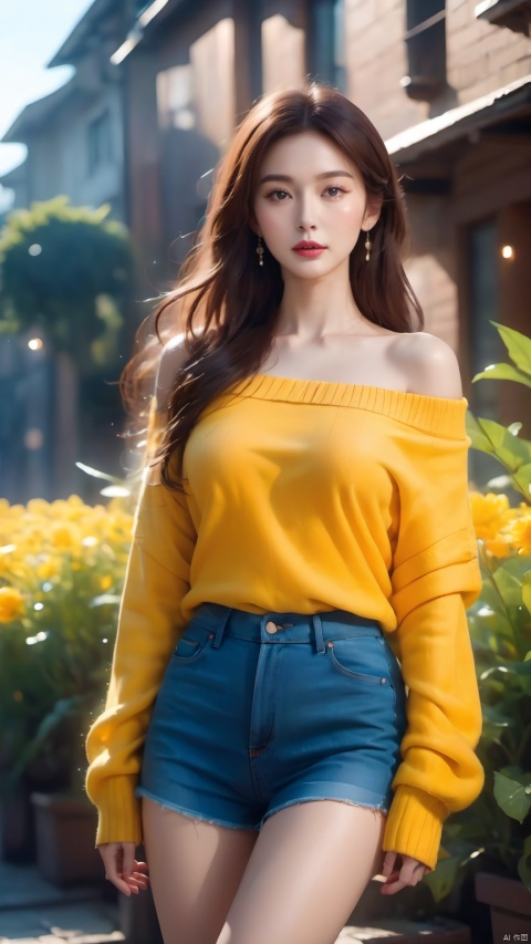  (best qualtiy,8K,tmasterpiece:1.3),(sharp focus:1.2),(one-girl:1.2),(perfect body figure:1.4),(Slim abs:1.1),(Off-the-shoulder knitwear:1.4),exteriors,rays of sunshine,Fine face,beautidful eyes,Straight legs