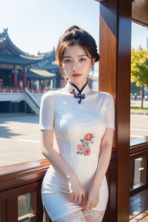 ultra realistic 8k cg,flawless,clean,masterpiece,professional artwork,famous artwork,cinematic lighting,cinematic bloom,cute expression,intricate detail,best quality,photorealistic,radiant face,cowboy_shot,1girl,solo,chinese style architecture,outdoors,smile,china_dress,pantyhose,