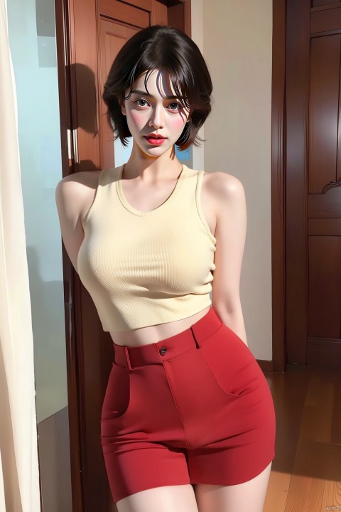  1girl,arms_behind_back,bare_shoulders,black_hair,cowboy_shot,indoors,lips,lipstick,makeup,realistic,red_lips,short_hair,sleeveless,solo,standing,legseams,exposedvagina,流光