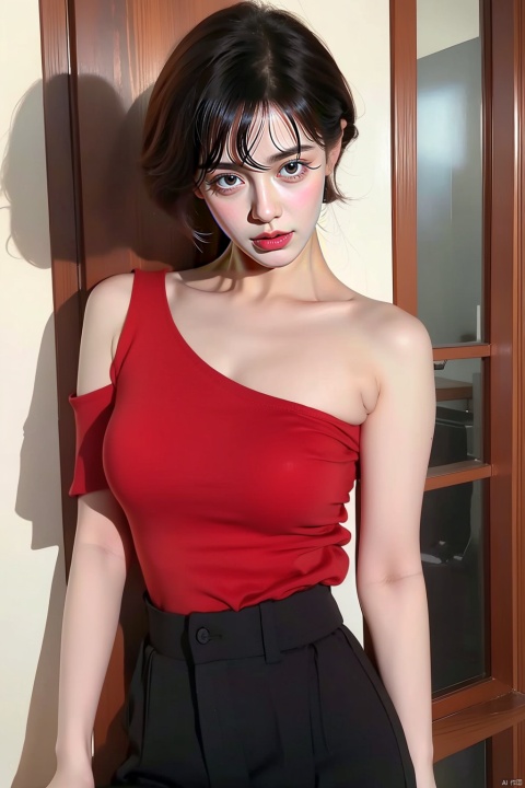  1girl,arms_behind_back,bare_shoulders,black_hair,cowboy_shot,indoors,lips,lipstick,makeup,realistic,red_lips,short_hair,sleeveless,solo,standing,legseams,exposedvagina,流光